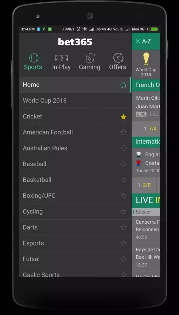 bet365 app screen